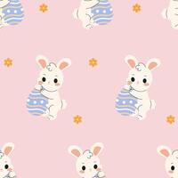 Seamless pattern of Easter bunnies with eggs and yellow flowers, perfect for holiday, spring, and festive design projects. vector
