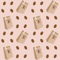 Flat-style seamless pattern featuring coffee bags and beans on a light pink background. Ideal for cafe branding, packaging, textile prints, or digital designs. vector