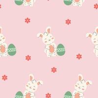 Seamless pattern of happy Easter bunnies with eggs and flowers, perfect for holiday, spring, and festive design projects. vector