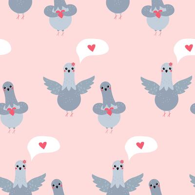 Flat-style seamless pattern with cute pigeons holding hearts and speech bubbles with love symbols on a pink background. Perfect for Valentine's Day designs, greeting cards, wrapping paper, and fabric