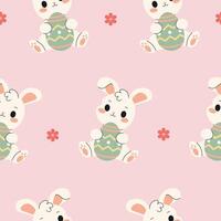 Seamless pattern of Easter bunnies with eggs and flowers, perfect for holiday, spring, and festive design projects. vector