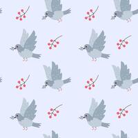 Flat-style seamless pattern featuring pigeons with olive branches and red berries on a soft pastel background. Perfect for Valentine's Day, wedding designs, fabric, wrapping paper, and stationery. vector