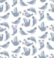 Flat-style seamless pattern with adorable pigeons holding flowers and interacting. Perfect for Valentine's Day designs, romantic stationery, fabric prints, and greeting cards. vector