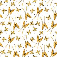 Seamless pattern of golden butterflies in a flat style with delicate black details, scattered elegantly on a white background. Ideal for textile design, wallpaper, and nature-inspired decoration vector