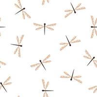 Seamless pattern featuring elegant dragonflies with delicate wings on a white background. Ideal for fabric, wallpaper, packaging, and nature-themed decorative projects vector