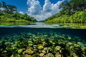 Pristine crystal-clear river displaying both surface and vibrant underwater life in harmony photo