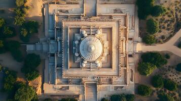 Drone view of a mosque's symmetrical layout and architectural design, seen from high above, symbolizing Islamic tradition photo