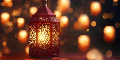 Close-up of glowing red lantern with intricate golden patterns illuminated softly, festive lighting photo