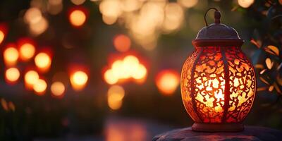 Glowing red lantern with intricate golden patterns illuminated softly by inner light, close-up photo