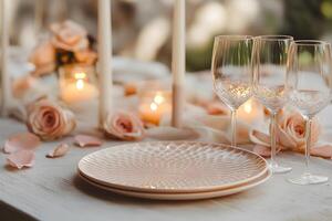 Romantic dinner table setup with elegant tableware, soft lighting, and a bouquet of fresh roses photo