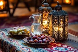 Elegant iftar table for Ramadan with dates, water, and warm light from lanterns. photo