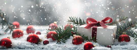 Christmas gift box wrapped with red ribbon and bow, surrounded by green pine branches and ornaments on soft snow, creating a festive winter setting photo