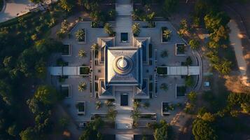 Aerial drone view of a mosque showcasing its perfect symmetry and overall layout from high above photo