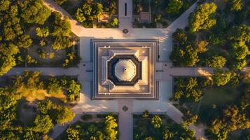 Aerial drone perspective of a mosque, capturing its symmetrical design and grand architectural layout from above photo