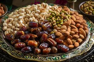 Traditional Arabian snack selection with plump dried dates, crunchy pistachios, and toasted almonds for a flavorful treat. photo