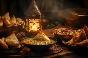 Festive Ramadan table for iftar featuring samosas, lentil soup, dates, and baklava. photo