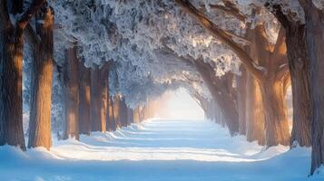 Winter path lined with tall trees and branches heavy with fresh snow, creating a tranquil snowy scene photo