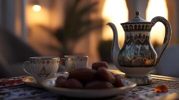 Festive Ramadan table featuring a dallah, coffee cups, and fresh dates for sharing. photo