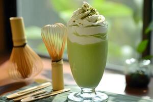 Refreshing layered matcha green tea smoothie in a tall glass with a swirl effect for a healthy and energizing drink photo