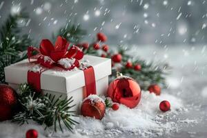 Christmas gift box with red ribbon and bow, resting on fresh snow, surrounded by green pine branches and red ornaments for a festive look photo