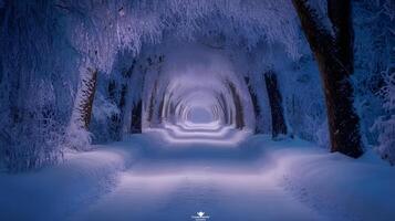 Snow-covered path lined with tall trees, branches heavily laden with fresh snow, creating a serene winter scene photo
