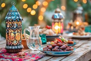 Traditional Ramadan table setting with dates, a glass of water, and glowing lanterns. photo