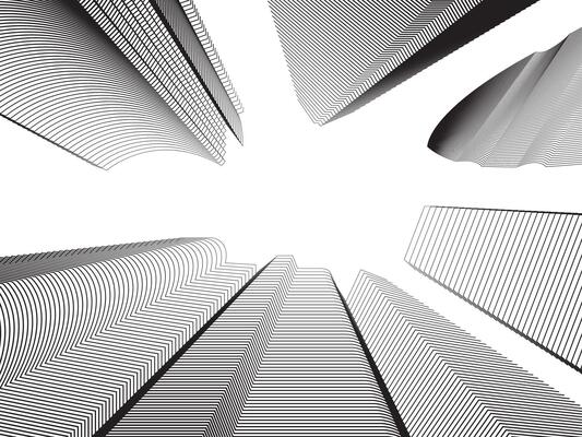Illustration of various buildings surrounded by continuous lines on a white background.