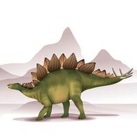 Isolated illustration of a Stegosaurus dinosaur on a mountain background. vector