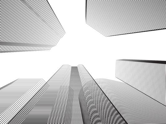 Illustration of tall rectangular buildings surrounded by continuous lines on white background.