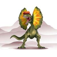 Isolated illustration of a Dilophosaurus dinosaur on a mountain background. vector