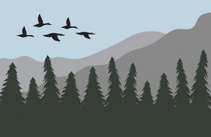 Duck flock silhouette isolated on flat cartoon landscape with spruce tree forest and mountains vector