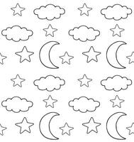 Seamless pattern of hand drawn doodle sketch clouds stars and moon isolated on white background vector