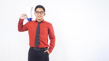 Smiling Asian Male Office Worker Business Man Wearing Formal Outfit Holding Megaphone on White Background photo