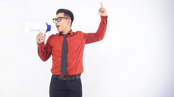 Asian Male Office Worker Business Man in Formal Outfit Doing Demonstration and Shouting on Megaphone on White Background photo