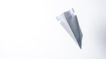 Side View of Open Blank Gray Plastic Bag on White Background photo