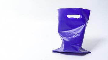 Open Purple Plastic Bag Mock Up with Copy Space on White Background photo