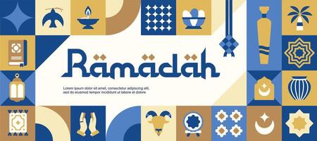 ramadan kareem geometric pattern with various brightly colored islamic icons and symbols vector