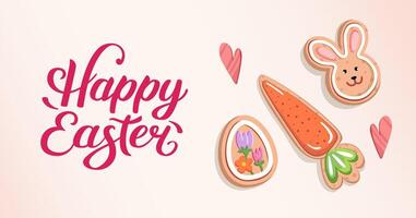 Cute Easter banner with handmade cookies in form of bunnies, carrots and eggs. Festive gingerbread cookies with icing. Spring background for holiday greetings, invitations. flat illustration. vector