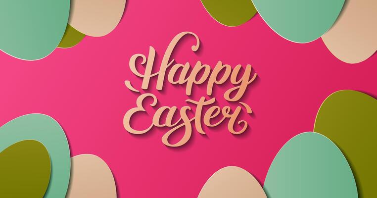 Stylish Easter banner featuring colorful paper cut style eggs and elegant lettering on pink background. Perfect for holiday promotions, greeting cards, and festive decorations. design.