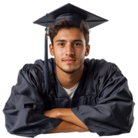 Young Man in Graduation Cap and Gown Smiles With Arms Crossed in Daytime Studio Setting png