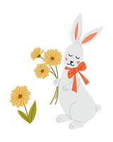 Adorable Easter bunny with a red bow holding a bouquet of yellow flowers in a cute and minimalistic illustration style vector