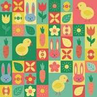 Seamless Easter pattern with cute bunnies, chicks, decorated eggs, flowers, and carrots in a geometric modular design, featuring bright spring colors vector