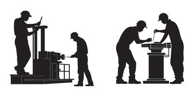 Silhouette of workers at construction site performing industrial labor tasks vector