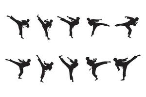 Martial arts silhouette of karate fighters executing powerful kicks for self-defense and training vector