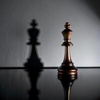 A Single Chess King Stands in the Spotlight with its Shadow Cast on the Wall Behind it, Representing Leadership, Strategy, and the Weight of Responsibility photo
