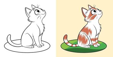 Cartoon illustration of a cat, shown in both outline and color versions, gazing upwards vector