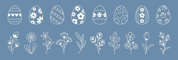 Hand-Drawn Easter Eggs and Spring Flowers in Minimalist Line Art Style on Blue Background. Editable Stroke. Perfect for Easter, Spring Celebrations, Greeting Cards, and DIY Projects vector