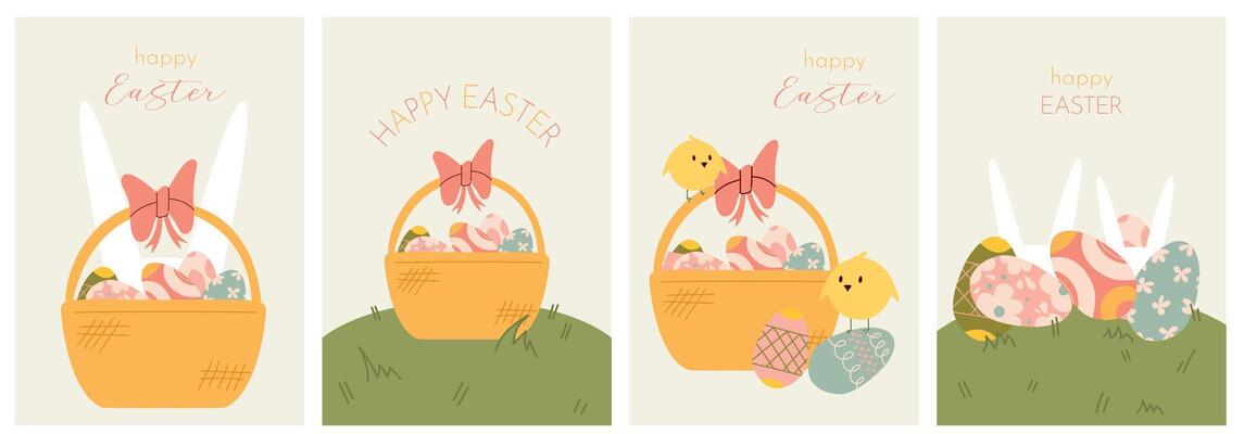 A set of vintage happy Easter Illustrations with rabbit, cute chickens and a basket of Easter eggs, in pastel colors. Poster, postcard, poster.