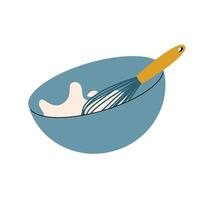 Milk and eggs are whipped in a bowl with a whisk vector