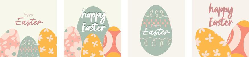 Happy Easter square cards templates set. Spring background with easter eggs. Illustration for invitation, banner, web internet ads vector
